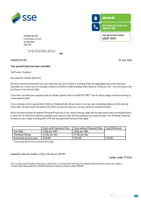 United Kingdom SSE Energy business utility bill template in Word and PDF formats, version 1
